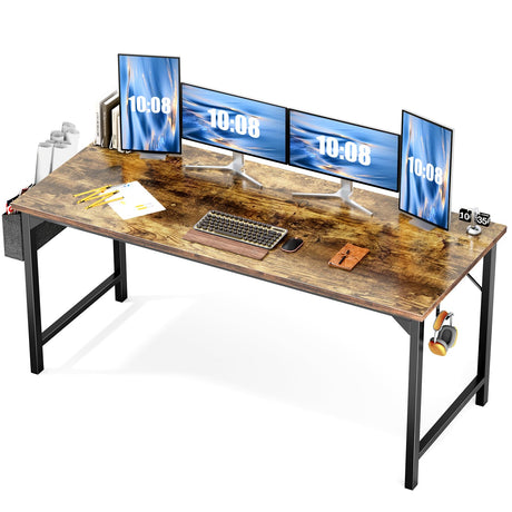 OLIXIS Computer Office Desk, 63 Inch Writing Work Study PC Wood Modern Desk with Storage Bag & Headphone Hook Simple Bedroom for 2 Person Kids Student Table, Rustic Brown OLIXIS