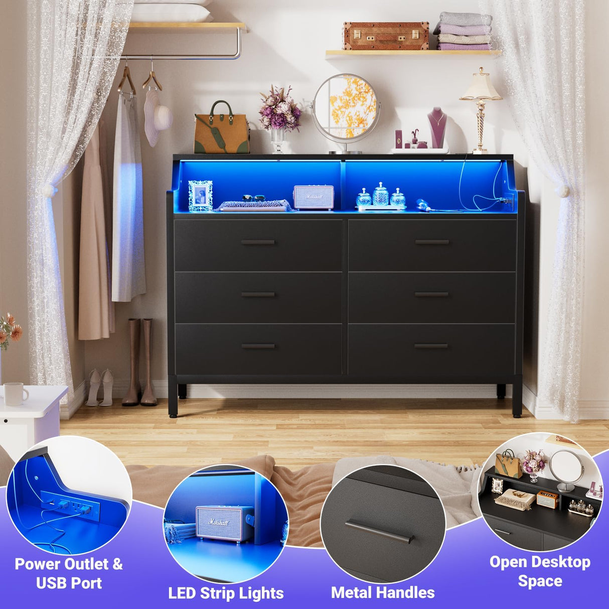 Hyomdeck 6 Drawer Dresser for Bedroom, Wooden Chest of Drawers with Power Outlets and Smart LED Light, Sturdy Modern Bedroom Furniture, Wide Storage Dresser for Living Room, Closet, Entryway, Black Hyomdeck
