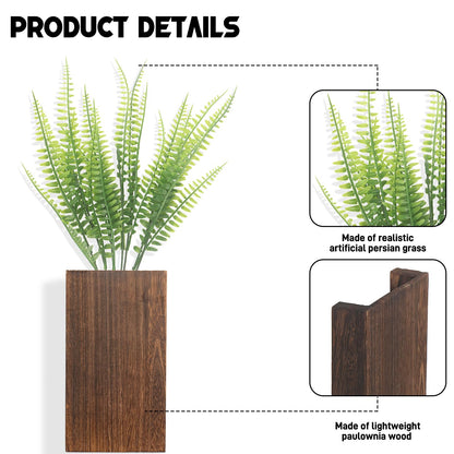 2 Pack Wood Wall Planter Vase with Artificial Persian Grass, Modern Indoor Wall Hanging Decor for Home Living Room Bedroom Farmhouse Wooden Pocket Vases for Dried Flowers and Faux Greenery Pl - WoodArtSupply