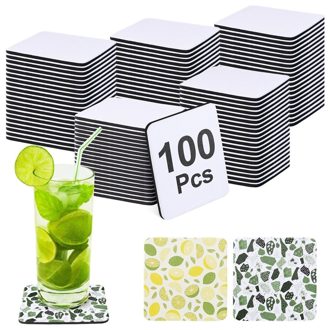 Homaisson 100 Pcs Sublimation Blank Cup Coasters Bulk, 4 x 4 Inches Square Blank Cup Mats Sublimation Transfer Heat Press Printing Coaster for DIY Crafts Homaisson