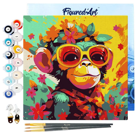 Figured'Art Mini Paint by Numbers Kit for Adults with Frame Fantasy Monkey and Flowers Small Format 8"x8" - Craft Art Painting DIY Canvas Already Stretched on a Wooden Frame Figured'Art
