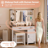 Trygoal Farmhouse Makeup Vanity, Vanity Desk with 3 in 1 Charging Station and Human Body Sensing LED Lights, Vanity Table with Glass Tabletop & Hidden Jewelry Cabinet, Stool Included, Vintage White Trygoal