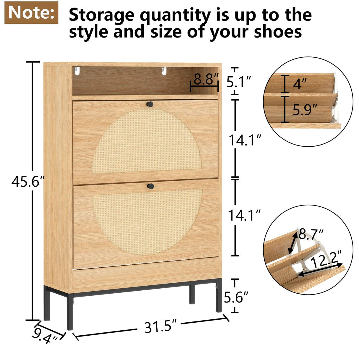Gyfimoie Rattan Shoe Cabinet with 2 Flip Drawers, Free Standing Narrow Shoe Storage Organizer with Top Cubby, Slim Shoe Rack Cabinet for Entryway, Natural (Natural) Gyfimoie
