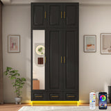 Hlivelood Large Armoire Wardrobe Closet Cabinet with Drawers and LED Lights, Multi-Tier Shelves, Hanging Rod, Large Capacity Storage 3 Door Wardrobe Armoire with Top Cabinet for Bedroom, Black Hlivelood
