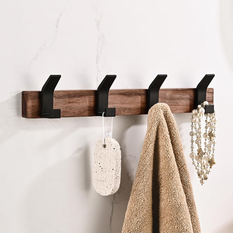 Jadorn Coat Rack Wall Mount - 15.7 Inches Walnut Wood Coat Hooks Coat Rack Wall Mount with 4 Hooks Black Aluminum Coat Hooks for Hanging Coat Hat Bag Hat Rustproof Coat Hanger Jadorn