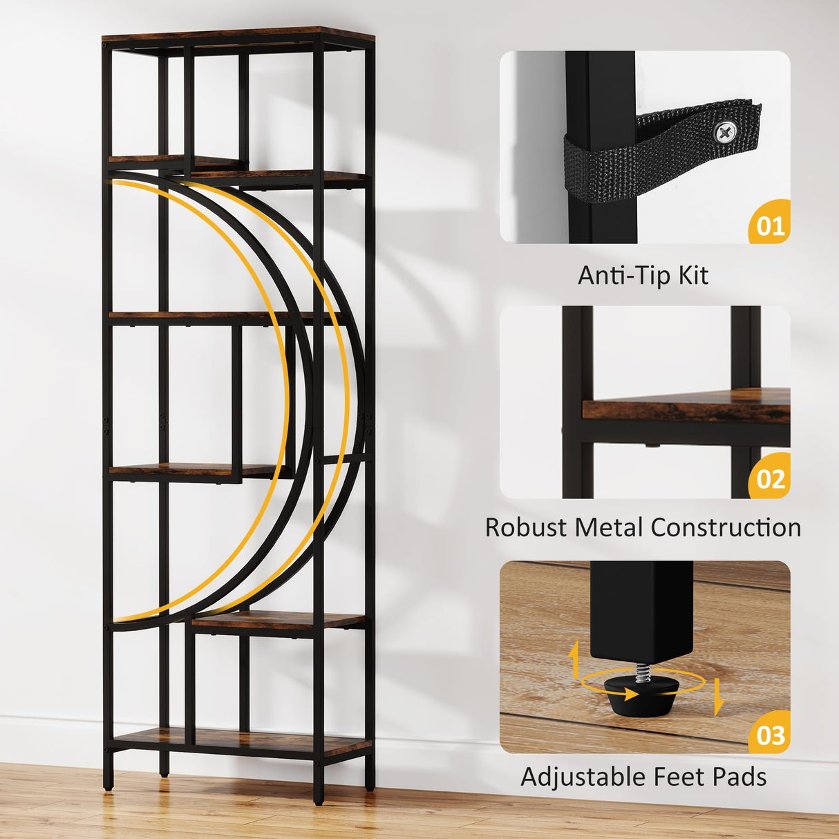 Celaform Geometric Bookshelf, 70.9" Tall Bookcase with 7-Shelf Open Shelves, Wood Metal Book Shelf Display Rack Storage Shelving Unit for Office, Bedroom, Living Room, Easy Assembly, Rustic Brown Celaform