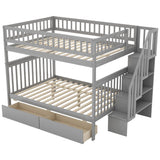 Full Over Full Bunk Beds with Drawers and Stairs Stairway Bunk Bed Frame with Storage Shelves for Kids Teens Adult, Wood Full Bunk Bed for Boys Girls Adults, Gray Bellemave