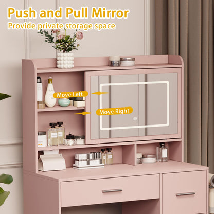 Viaozutis Vanity Desk with a Mirror and Lights，with Chair and Four Drawers, Three Adjustable Lighting Modes，with Power Outlet and Sliding LED Mirror,Bedroom Vanity Desk (Pink)