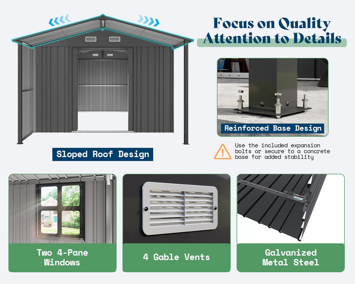 AMERLIFE 10x16.6x7.3 FT Metal Storage Shed with Lounge Area, Sliding Doors, 2 4-Pane Windows & Vents, Outdoor Tool Shed for Garden & Backyard, Heavy-Duty Weather-Resistant Steel, Dark Gray AMERLIFE