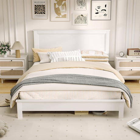 KOMFOTT Queen Size Wood Platform Bed Frame with Headboard, Wooden Mid Century Platform Bed with Slat Support & Under Bed Storage, Mattress Foundation Bed Base, No Box Spring Needed, White KOMFOTT