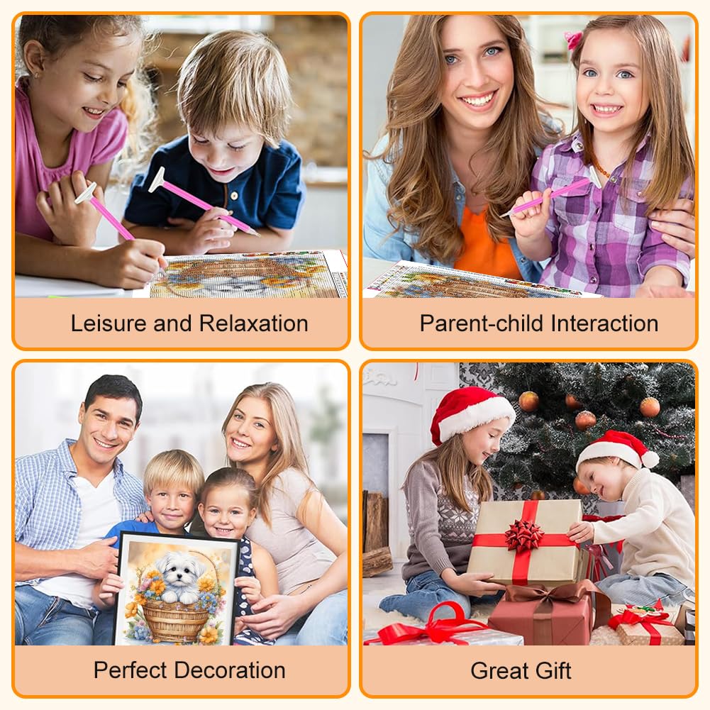 WSLWXSHM Diamond Painting Kits for Adults, Dog Round Full Drill Diamond Art Kits, 5D DIY Paint with Diamonds Crafts for Home Wall Decoration Gifts 12×12Inch Flower Basket WSLWXSHM