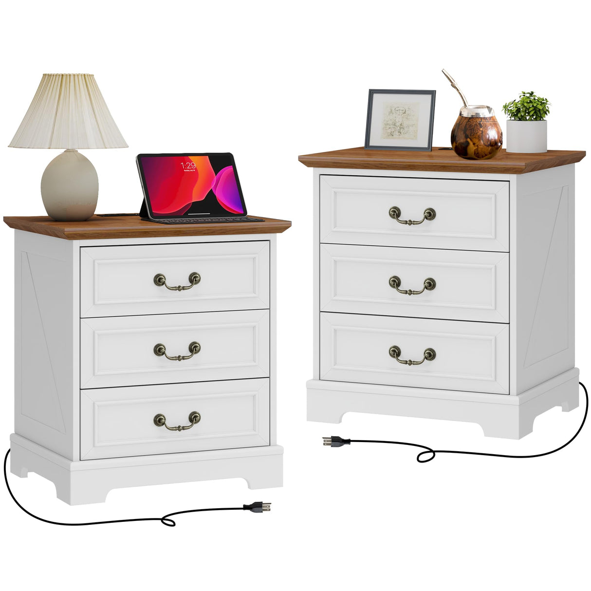 HOPUBUY 22" Farmhouse Nightstand Set of 2 with Charging Station, Wood Night Stand with Antique Handles, 3 Drawer Night Stand Tall Nightstand for Bedroom, Off White and Brown Top HOPUBUY
