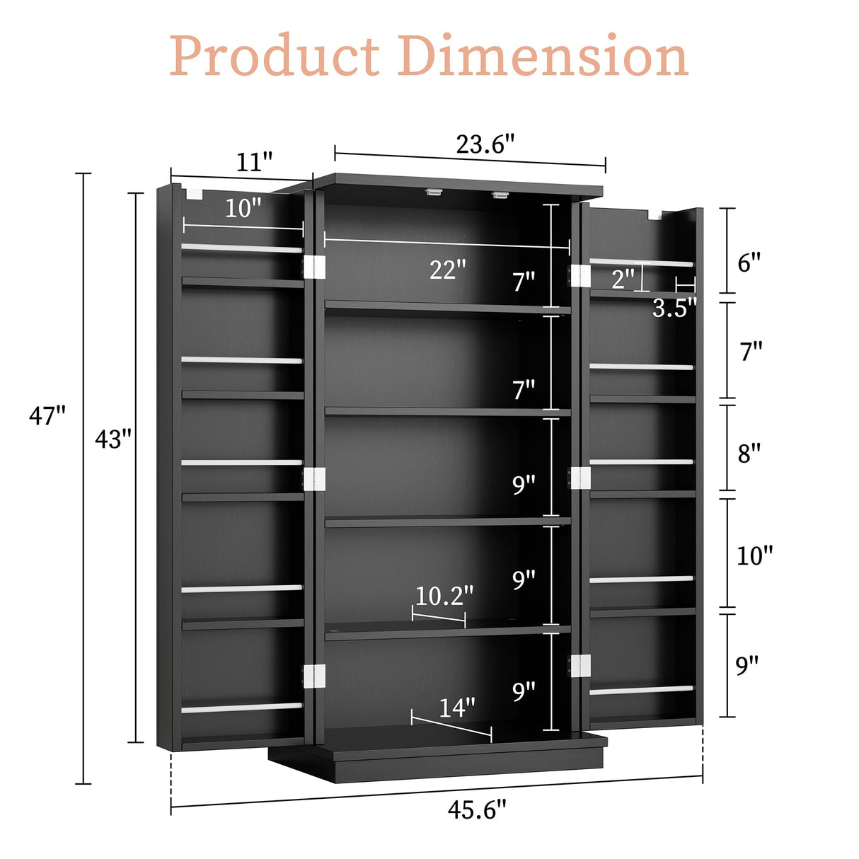Meilocar 47in Kitchen Pantry Cabinet, Wood Kitchen Storage Pantry Cabinets Freestanding Pantry Cabinet with Doors & Adjustable Shelves, Pantry Cabinet for Kitchen, Living Room, Black Meilocar
