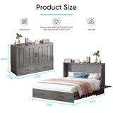 Mjkone Queen Murphy Bed Cabinet, Hidden Adult Guest Bed with Built-in USB Charging Station, 2 Large Drawers, Bedside Panel, Murphy Cabinet Chest Beds for Guest Room, Bedroom, NO Mattress - Grey Mjkone