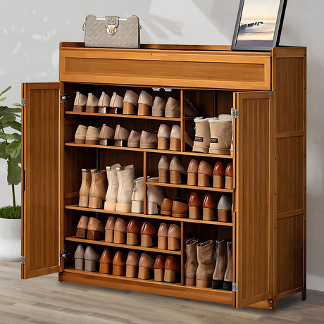 walkclpck Shoe Cabinet with 2 Flip Drawers, 7 Tier Shoe Storage with Adjustable Shelves, Bamboo Freestanding Shoe Rack Shoe Organizer for Entryway, Foyer, Hallway, Bedroom walkclpck