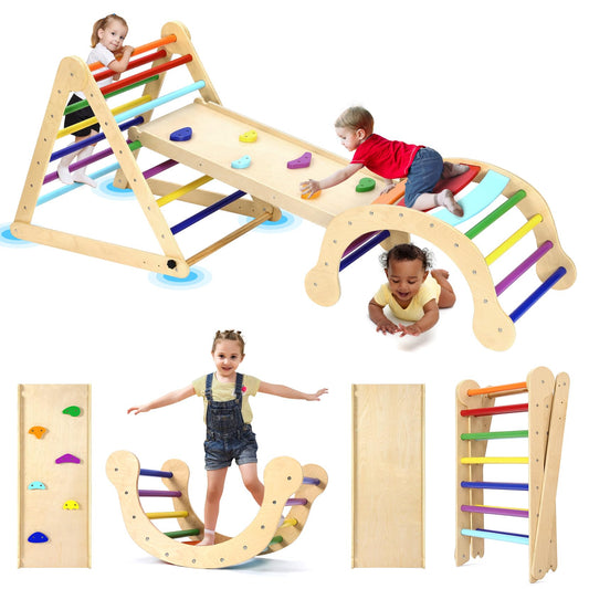 YOLEO Pikler Triangle Set, Foldable 7-in-1 Montessori Climbing Set Fun Baby Pickler-3 Piece Climbing Jungle Gym and Indoor Playground Climbing Toys for Toddlers 1-3 Inside (Rainbow, Advanced Version)