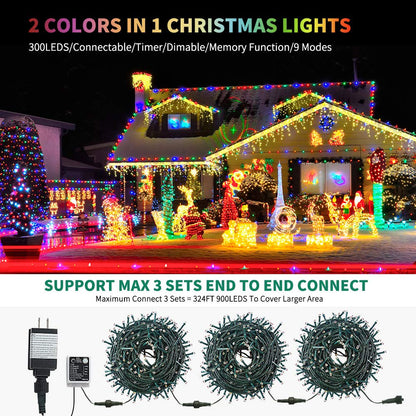 MZD8391 Color Changing Christmas String Lights Outdoor Indoor, 108FT 300 LED Warm White Multicolor Fairy Lights, END to END Connect, Waterproof Christmas Tree Lights Timer Remote