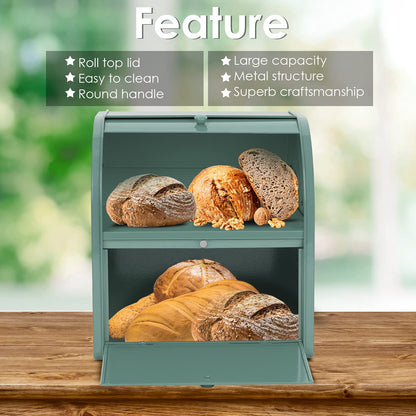 Olebes Bread Box, Metal Bread Box For Kitchen Countertop, Bread Storage Container Holds 2 Loaves Of Bread, High Capacity Breadbox, Bread Holder Suit Farmhouse Kitchen Decor For Counter