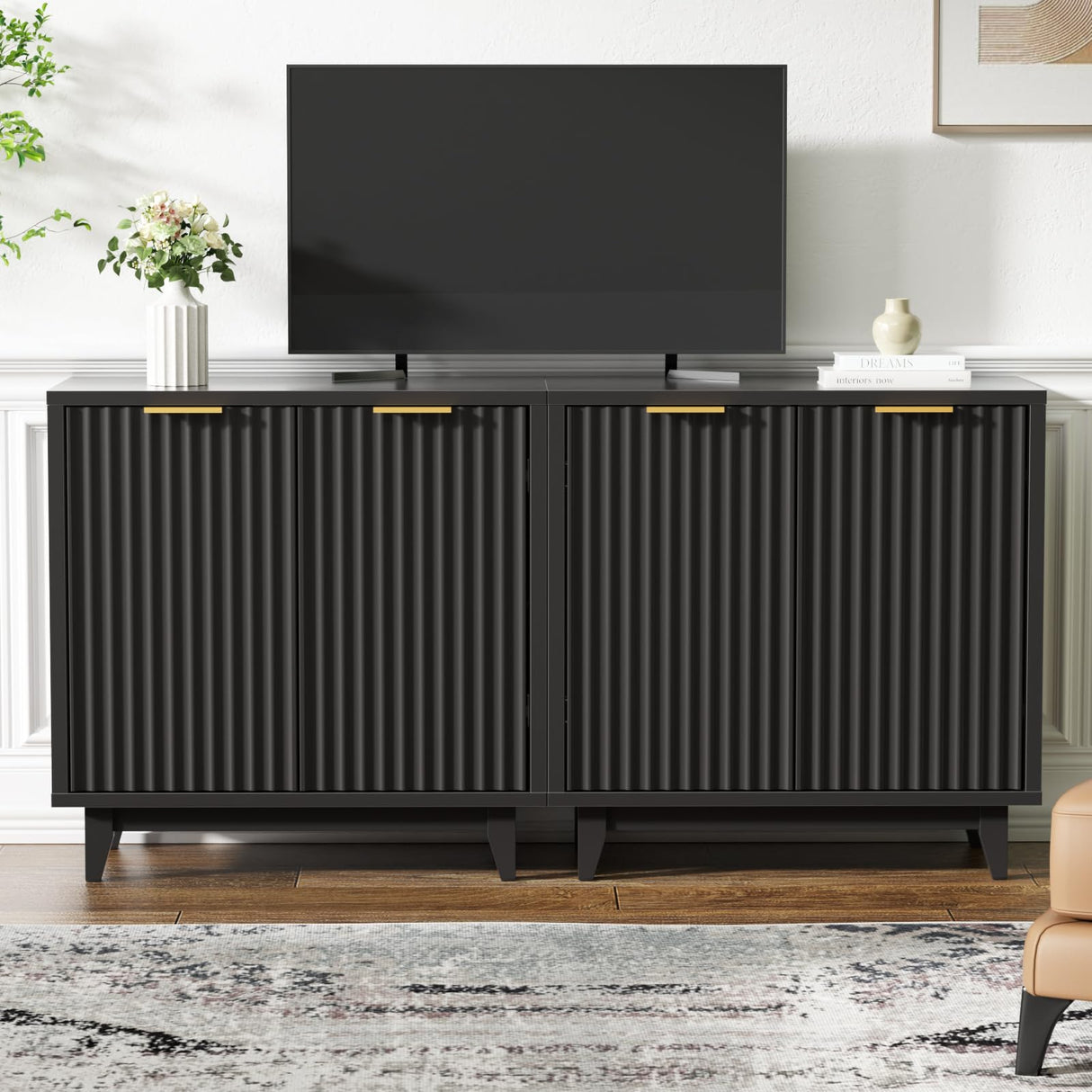 Fluted Cabinet with Storage, 2 Doors Sideboard Buffet, Mid Century Modern Accent Cabinet with Adjustable Shelves, Multifunctional Console Table with Storage for Living Room, Kitchen, Entryway FiveWillowise