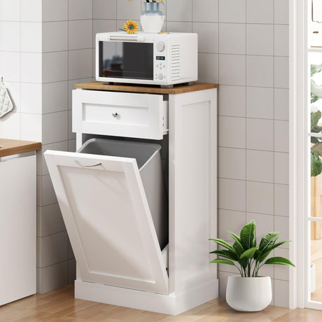 POINTANT Tilt Out Trash Cabinet, Wooden Standing Trash Can Cabinet,Laundry Hamper Cabinet,Recycling Cabinet with Drawer,10 Gallon Hidden Kitchen Trash Bin Cabinet (White) POINTANT