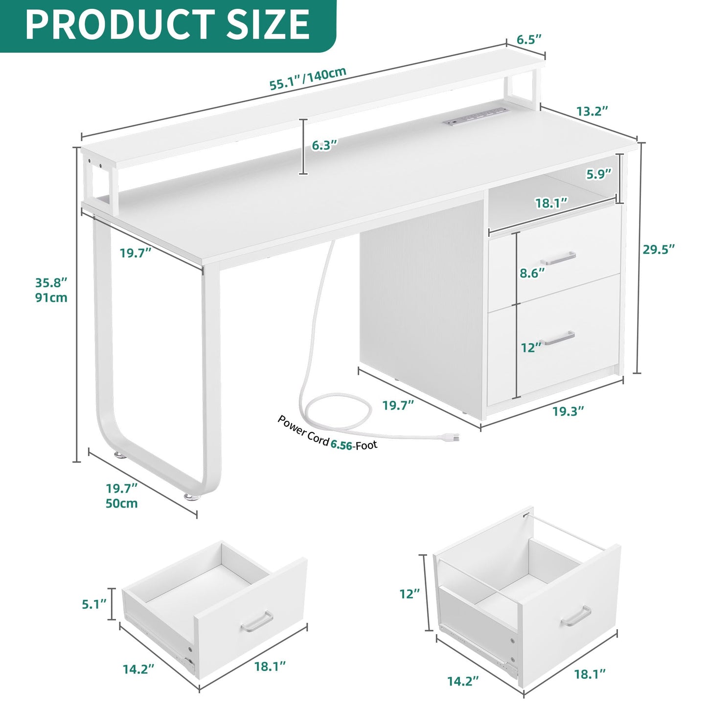 YITAHOME Computer Desk with Drawers, 55" Office Desk with Power Outlets & LED Light, Home Office Desk with Storage Shelves, White