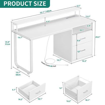 YITAHOME Computer Desk with Drawers, 55" Office Desk with Power Outlets & LED Light, Home Office Desk with Storage Shelves, White