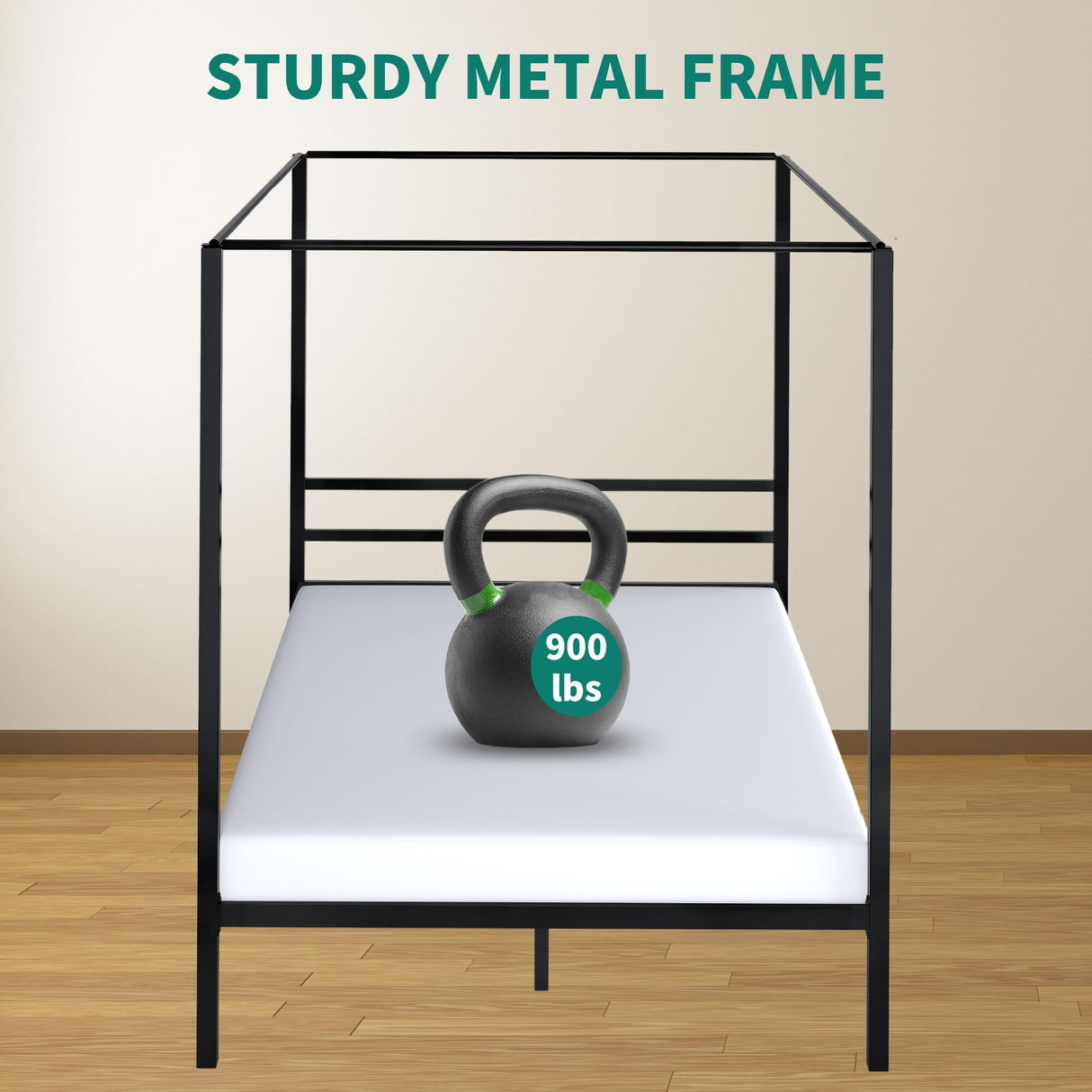 YITAHOME Canopy Bed Frame Metal Four Posters 14 Inch Platform with Built-in Headboard Strong Metal Slat Mattress Support, No Box Spring Needed, Black, Queen Size YITAHOME