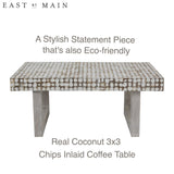 East at Main White Coffee Table – Handmade Accent Table with Coconut Shell Inlay, 40" Rectangular Wood Table for Living Room, Coastal Farmhouse or Boho Decor East at Main