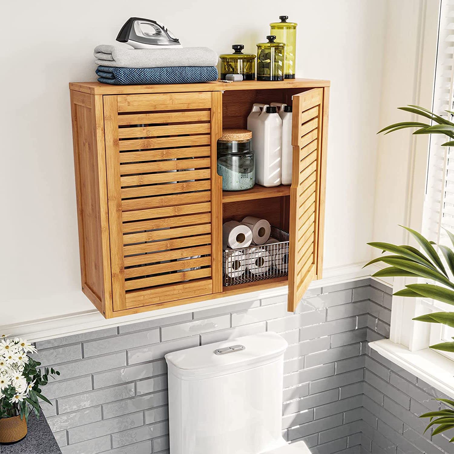 VIAGDO Wall Cabinet Bathroom Storage Cabinet Wall Mounted with Adjustable Shelves Inside, Double Door Medicine Cabinet, Utility Cabinet Organizer Over Toilet, Bamboo, 23.2''Lx8.3''Wx20.1''H - WoodArtSupply