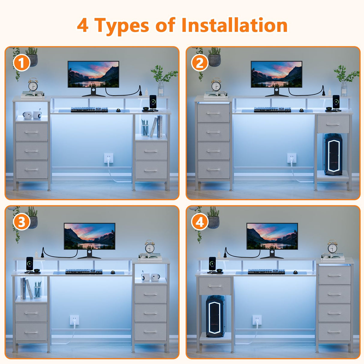 Korfile White Computer Desk with Power Outlets & LED Lights, Reversible Gaming Desk with 5 Fabric Storage Drawers, 47" Home Office Desk with Monitor Stand Shelves for Working, Vanity Table for Bedroom Korfile