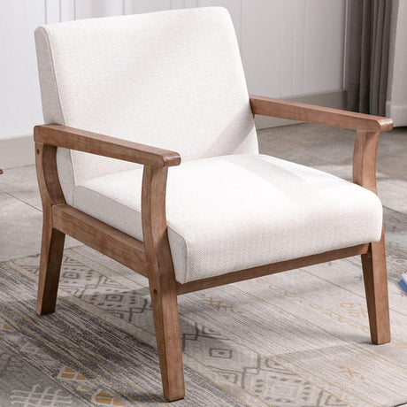 VESCASA 23.2" W Accent Chair with Arms, Comfy Farmhouse Side Chair with Upholstered Seat, Mid Century Modern Reading Chair with White Wash Wood Legs for Living Room/Bedroom, White Linen VESCASA