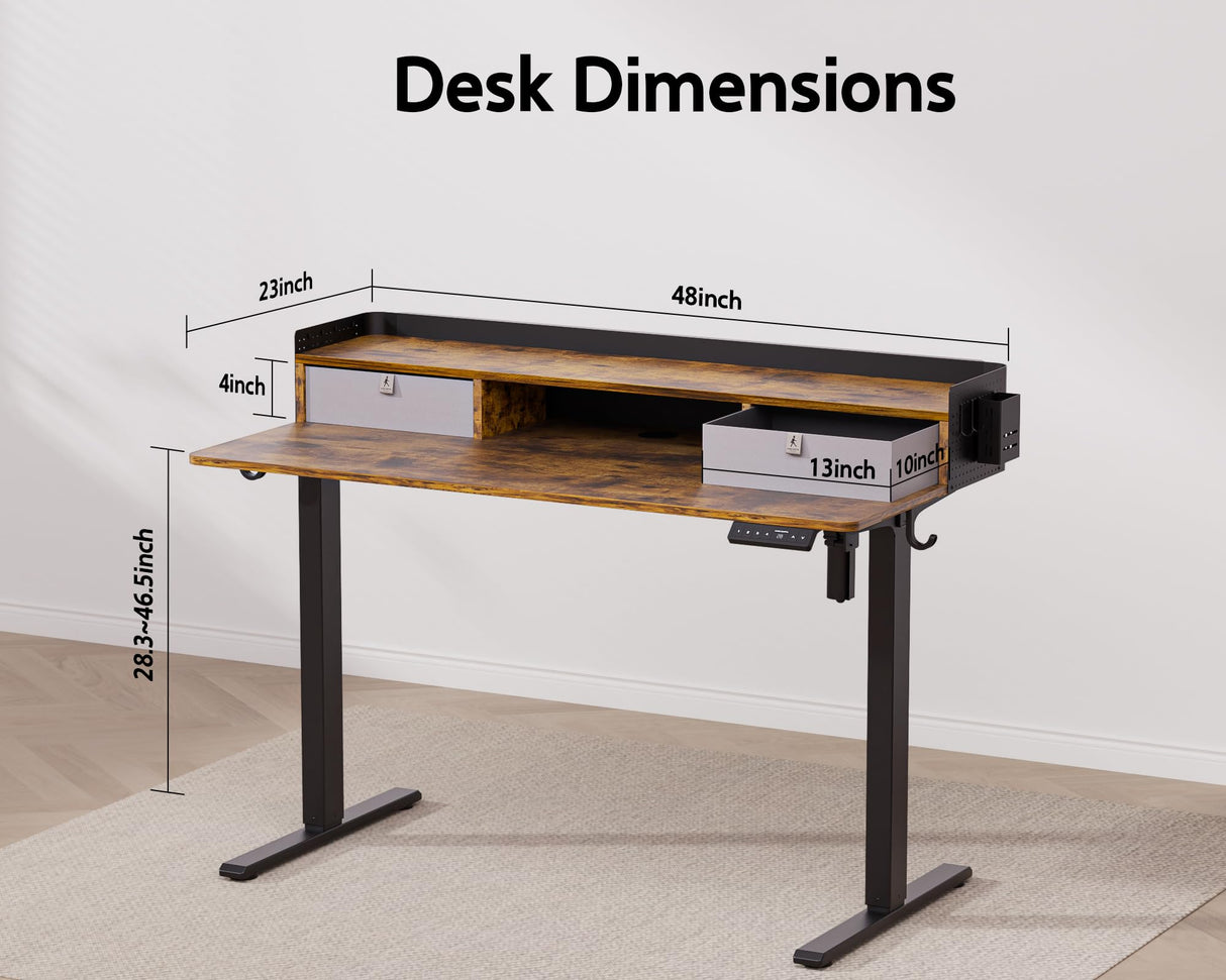 WALKINGDESK 48x24 Inches Electric Standing Desk with 2 Drawers, Height Adjustable Stand up Desk for Home Office, Ergonomic Sit to Stand Desk with Storage Shelf, DIY Board, Hooks, Rustic Brown WALKINGDESK