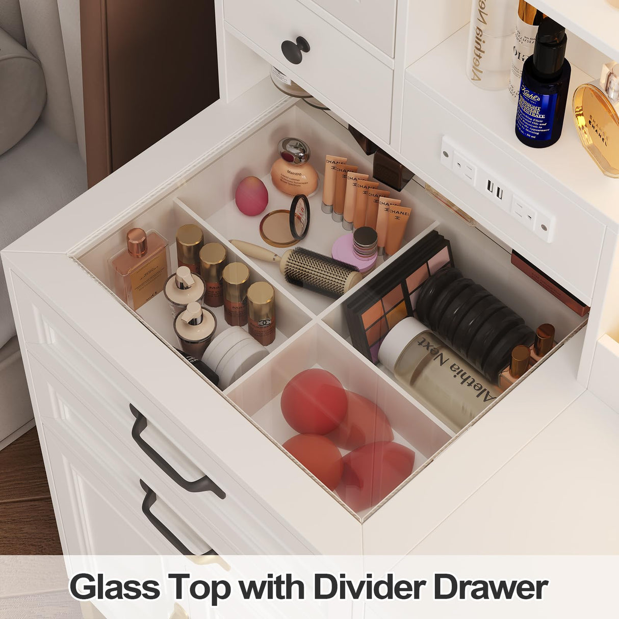 BTHFST Makeup Vanity Desk with Mirror and Lights & Charging Station & Makeup Stool, Vanity Table Set with Glass Top Storage Drawer & Beach & 3 Shelves for Bedroom (Modern White & Black) BTHFST