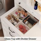 BTHFST Makeup Vanity Desk with Mirror and Lights & Charging Station & Makeup Stool, Vanity Table Set with Glass Top Storage Drawer & Beach & 3 Shelves for Bedroom (Modern White & Black) BTHFST