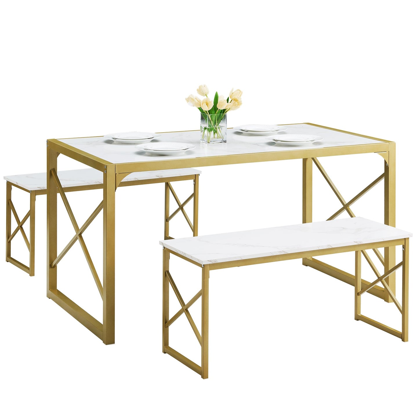 VECELO Kitchen Table with 2 Benches for 6,Wood Dining Room Dinette Sets with Metal Frame for Breakfast Nook and Small Space, 55", White&Gold - WoodArtSupply