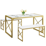 VECELO Kitchen Table with 2 Benches for 6,Wood Dining Room Dinette Sets with Metal Frame for Breakfast Nook and Small Space, 55", White&Gold VECELO