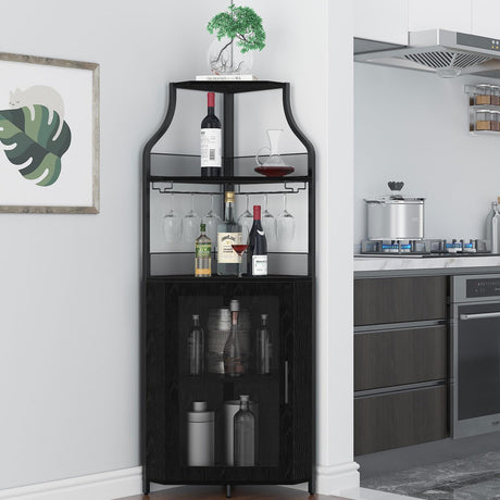 IDEALHOUSE Corner Wine Cabinet with Removable Wine Rack, Farmhouse Wine Cabinet with Glass Holder and Mesh Door, Liquor Coffe Bar Cabinet with Adjustable Shelves, Black IDEALHOUSE