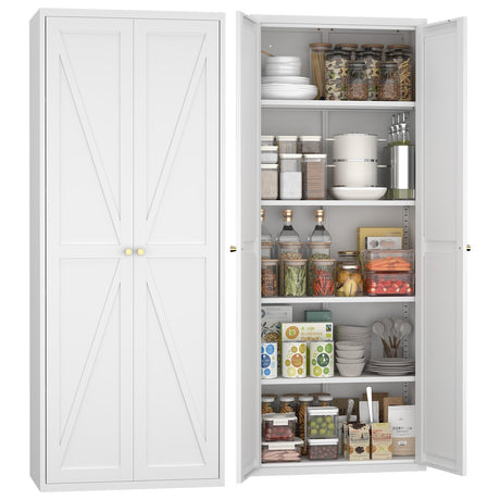 GREATMEET 71" Kitchen Pantry Storage Cabinet, Tall Storage Cabinet, Metal Food Pantry Cabinet with Doors and Shelves, Pantry Storage Cabinets, Cupboard for Garage Kitchen Laundry Room, White GREATMEET