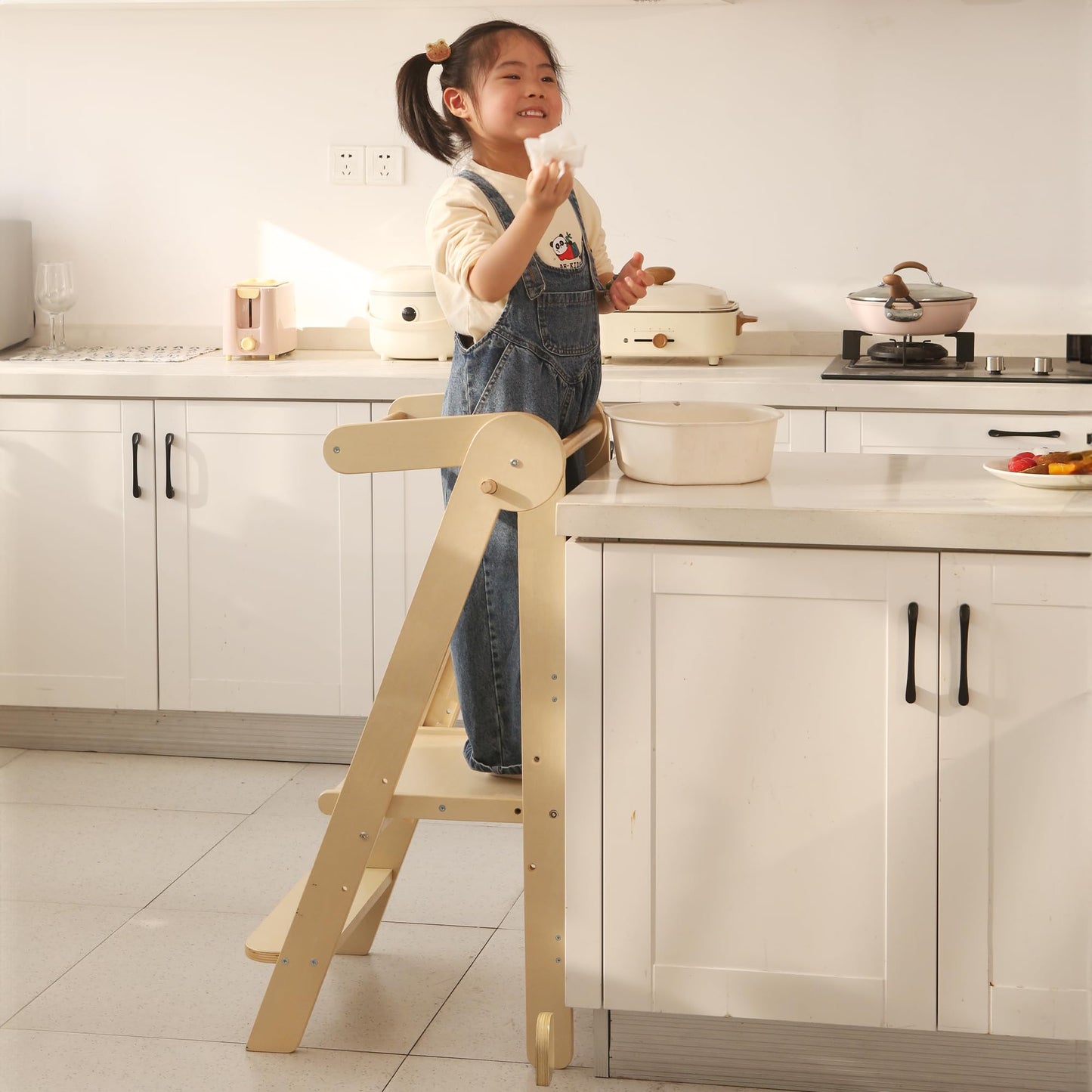 Foldable Toddler Tower 95% Preassembled Kitchen Stool Helper Folding Step Stool for Kids Montessori Toddler Standing Tower with 3 Adjustable Height Helper Tower for Kitchen Counter Sink Natural