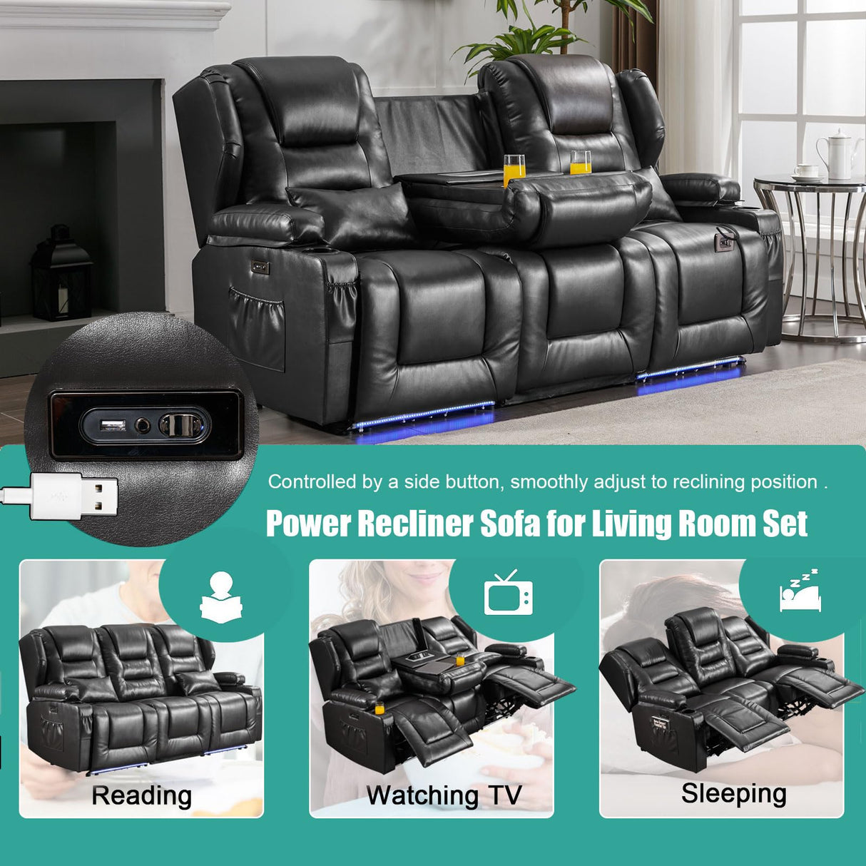 SAMERY Power Loveseat Recliner Sofa with Flip Backrest, Electric Reclining Loveseat Sofa RV Couch 3 Seater with USB Ports/Power Outlets/LED Light/Cup Holders/Pockets/Pillows for Living Room RV SAMERY