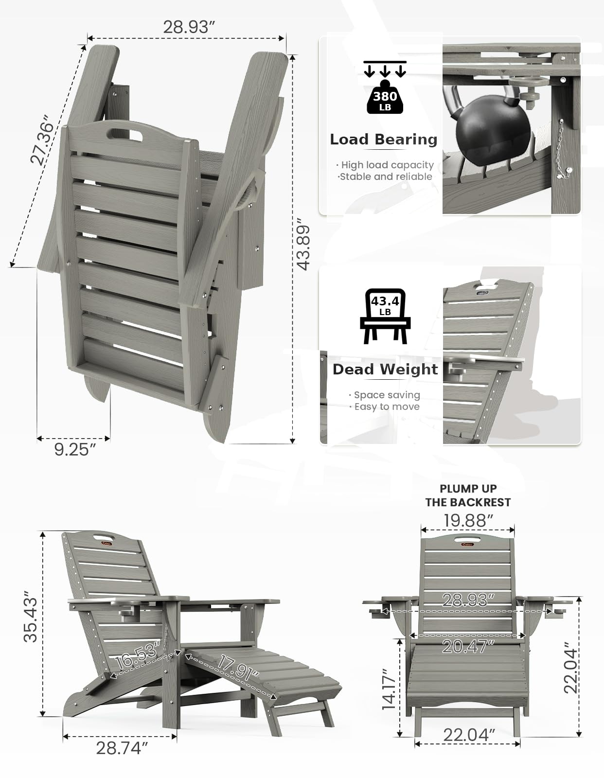 Ciokea Folding Adirondack Chair Fire Pit Chair Patio Adirondack Chair Weather Resistant with 2 Cup Holder Grey Adirondack Retractable Ottoman