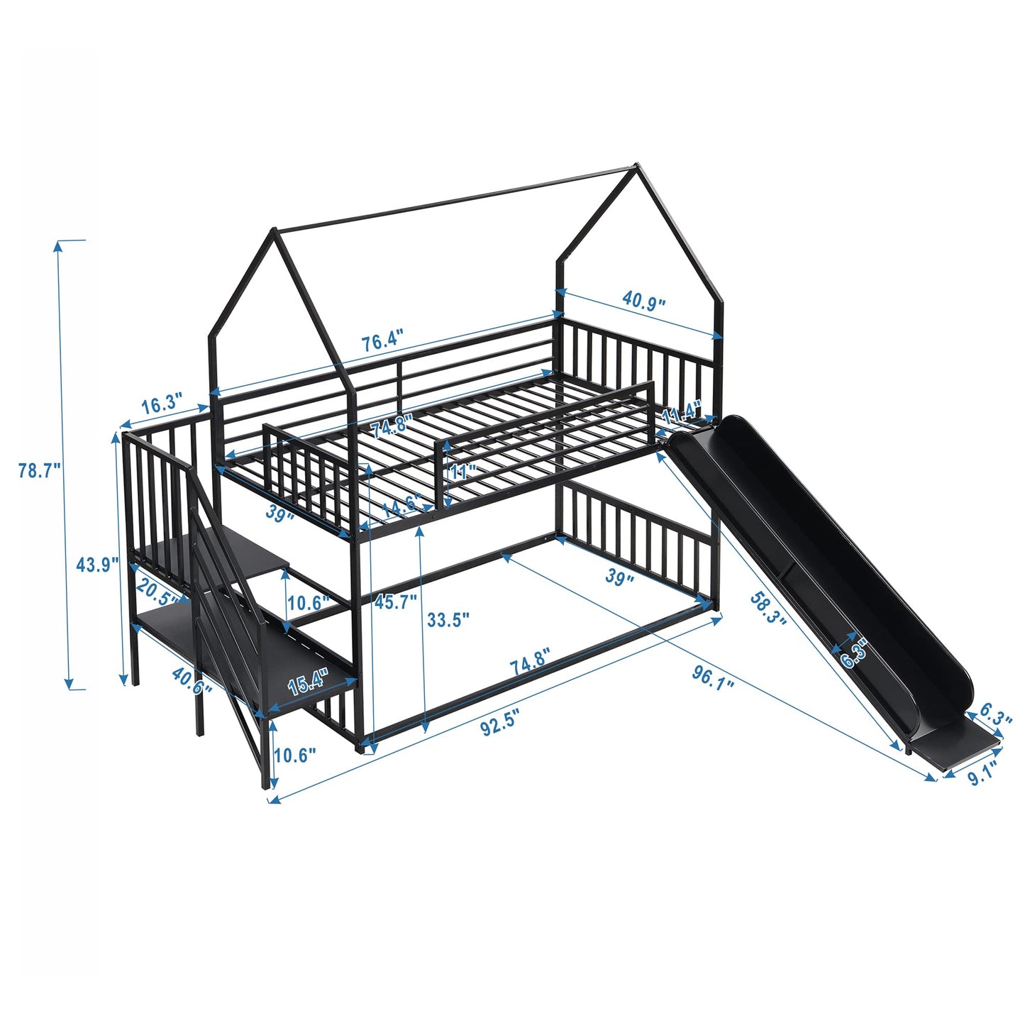 Harper & Bright Designs Twin over Twin Metal Bunk Bed with Slide and Stairs, Low Bunk House Bed for Kids, Floor Bunk Bed, Modern Style Heavy-Duty Steel Frame (Black)