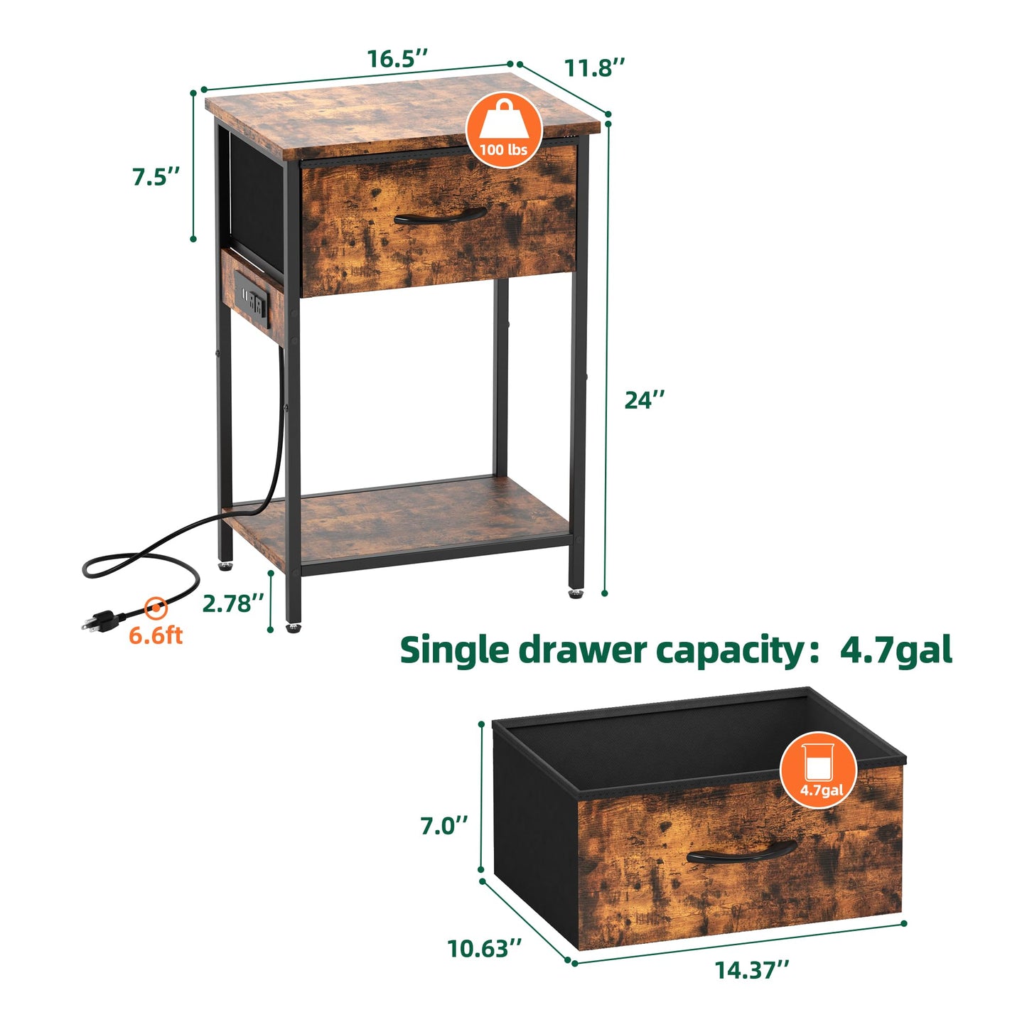 vimiroo Night Stand Set 2, Bedside Tables with Charging Station,Nightstands with Wood Storage,Fabric Drawer, Open Shelf, Metal Frame for Bedroom, Apartment, Guest Room, Living Room, Rustic Brown