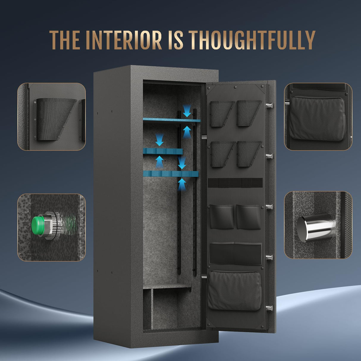 KAER Fireproof 16-20 Gun Safe Cabinet 1400°F / 45 Minutes Backlit Electronic Lock with 5 Active Bolts + 2 Deadbolts 90-180° External Hinges Interior Door Storage | Rotary Handle for Home (Grey) KAER