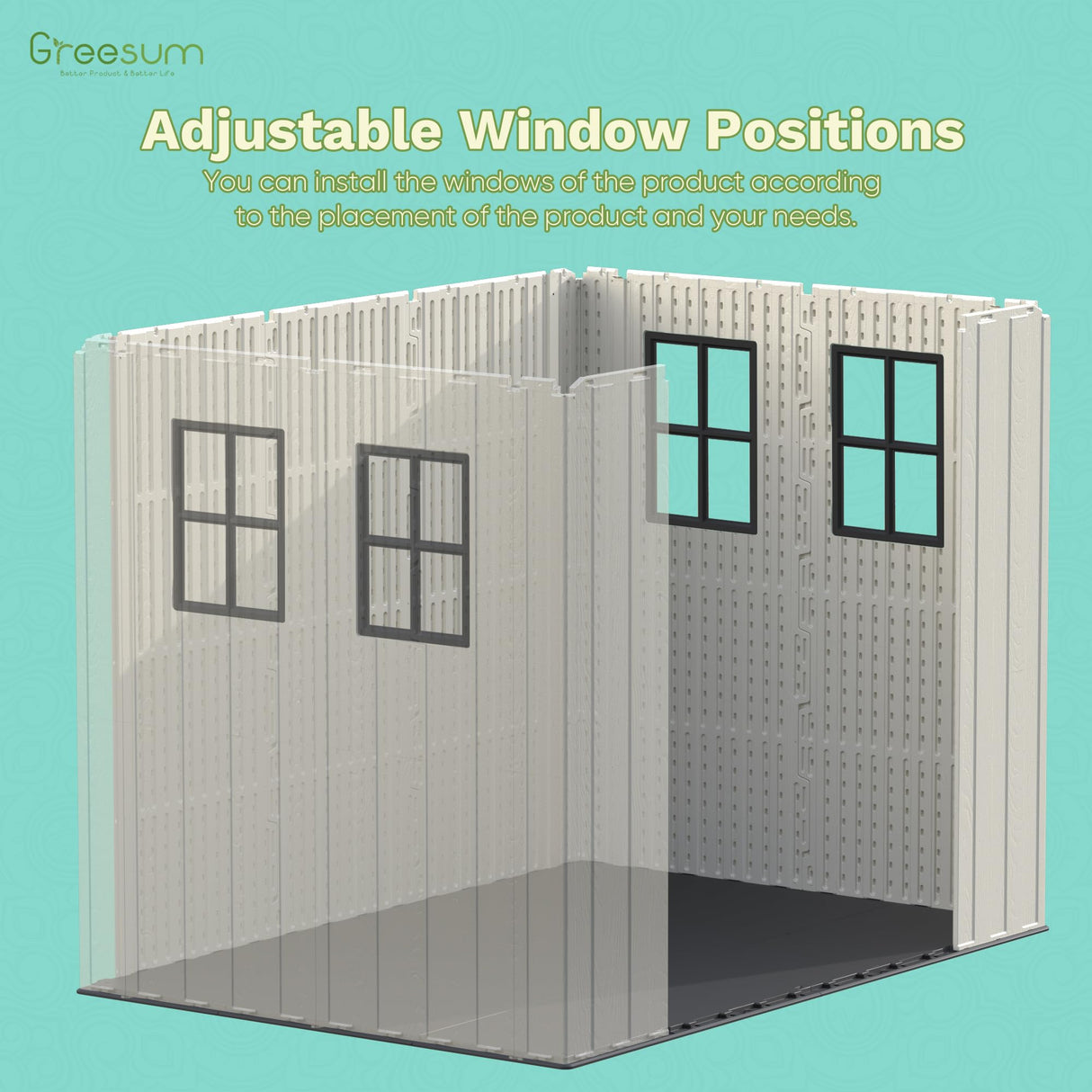 Greesum 8×6 FT Plastic Outdoor Storage Shed with Floor, Resin Sheds with Window and Lockable Door, Weather Resistant Organization for Garden, Lawn, Pool Supplies, Beige Greesum