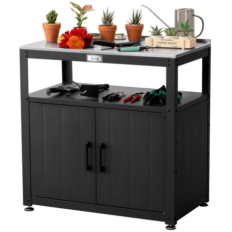 Feasto Garden Potting Bench with Storage Cabinet,Outdoor Gardening Table & Work Bench for Plants, Horticulture,Outdoor Workstation with Stainless Steel Tabletop,Outdoor Work Table Feasto
