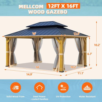 MELLCOM 12' x 16' Outdoor Hardtop Gazebo, Cedar Wood Framed Gazebo with Powder Coated Metal Roof for Gardens, Patios, Lawns - WoodArtSupply