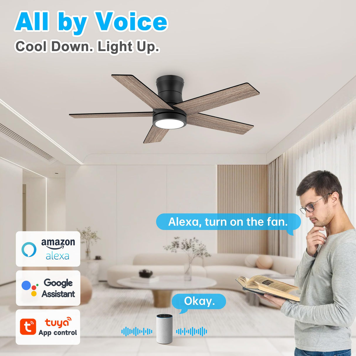 42In Smart Low Profile Ceiling Fan with Lights Remote,Controll by Voice WIFI Alexa App,Quiet DC Motor,Outdoor Indoor Flush Mount Ceiling Fans,Modern Black Walnut Fan for Bedroom Patio Porch Lorpies
