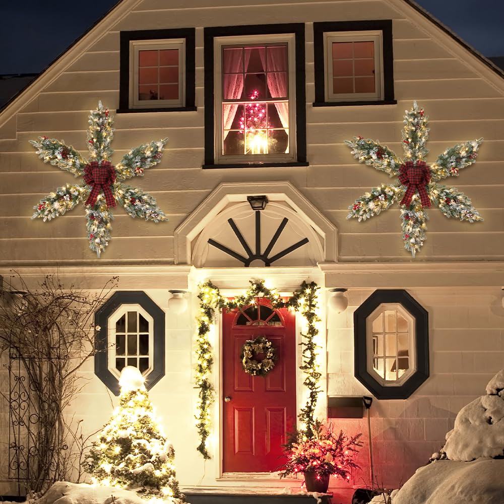hogardeck Snowy Christmas Star Wreath, 48 Inch Artificial Large Christmas Wreath with Berry Pine Cones Bow-tie 120 Lights, Pre-lit Snowflake Wreath for Xmas Home Wall Front Door Indoor Outdoor, 4 FT﻿ hogardeck