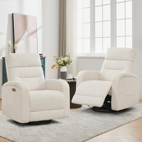 AEMEIOS Power Nursery Swivel Recliner, Electric Rocking Recliner with USB and Type-C Port, Swivel Glider Nursery Recliners for Living Room,Corduroy White AEMEIOS